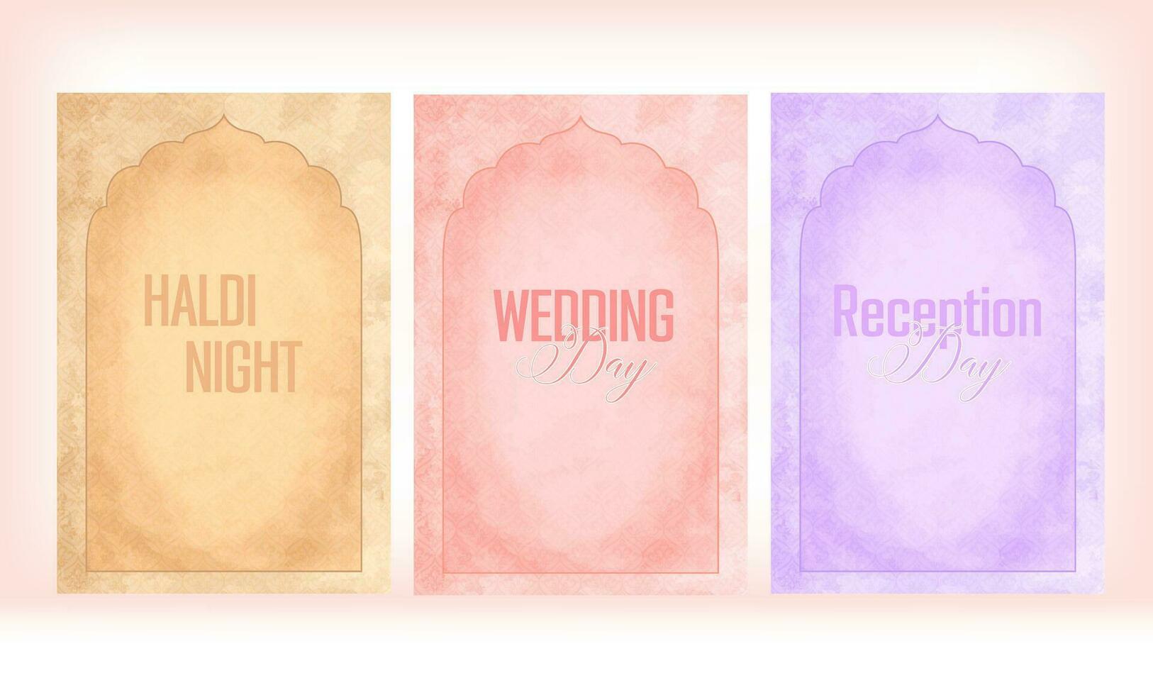 uppsättning av bröllop mughal båge inbjudan kort. pastell färger. kan vara Begagnade på inbjudningar, evenemang, och utskrift. vektor illustration.