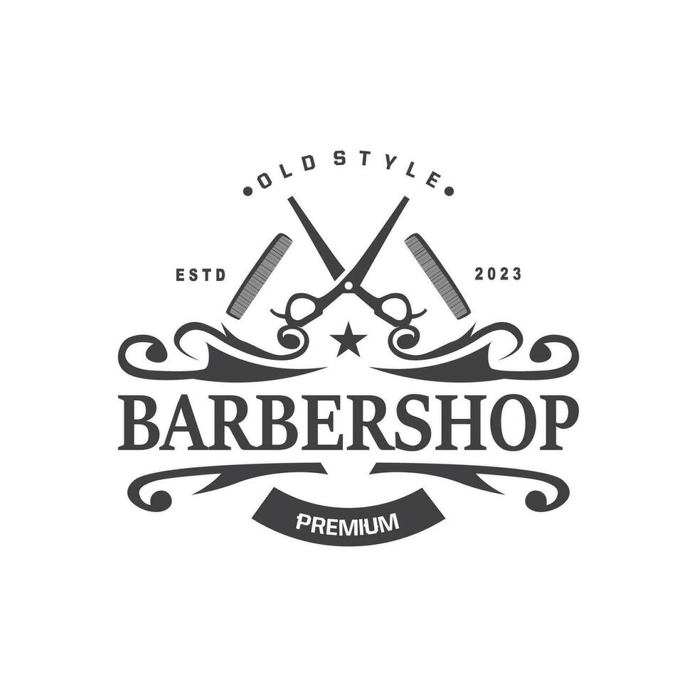 Friseur Logo, Barbier Schere Vektor, alt Design retro Jahrgang Typografie Ornament vektor