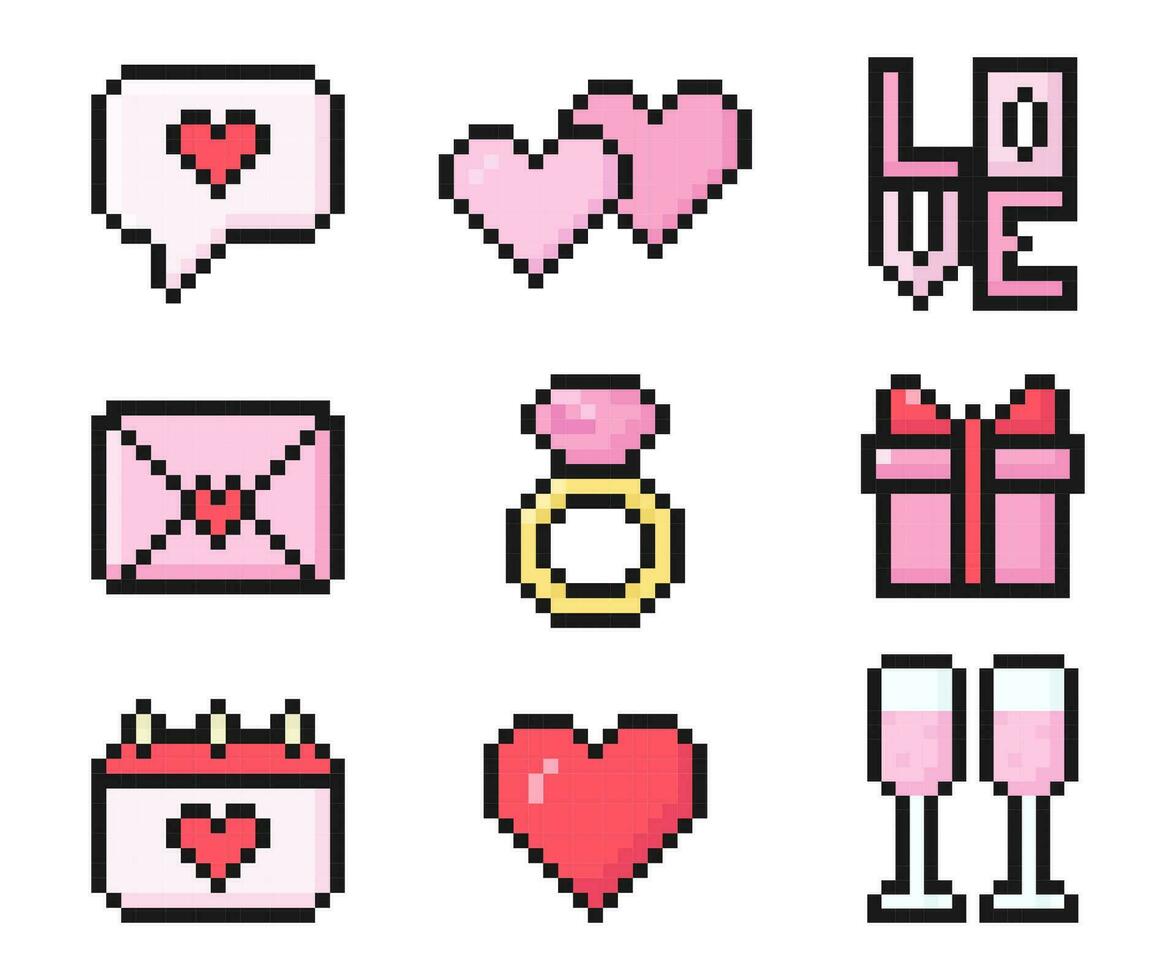 valentine pixel ikoner, årgång, 8 bit, 80-tal, 90s arkad spel stil, ikoner för spel eller mobil app, dialog, hjärta, brev, kalender, ringa, gåva, champagne, vektor illustration