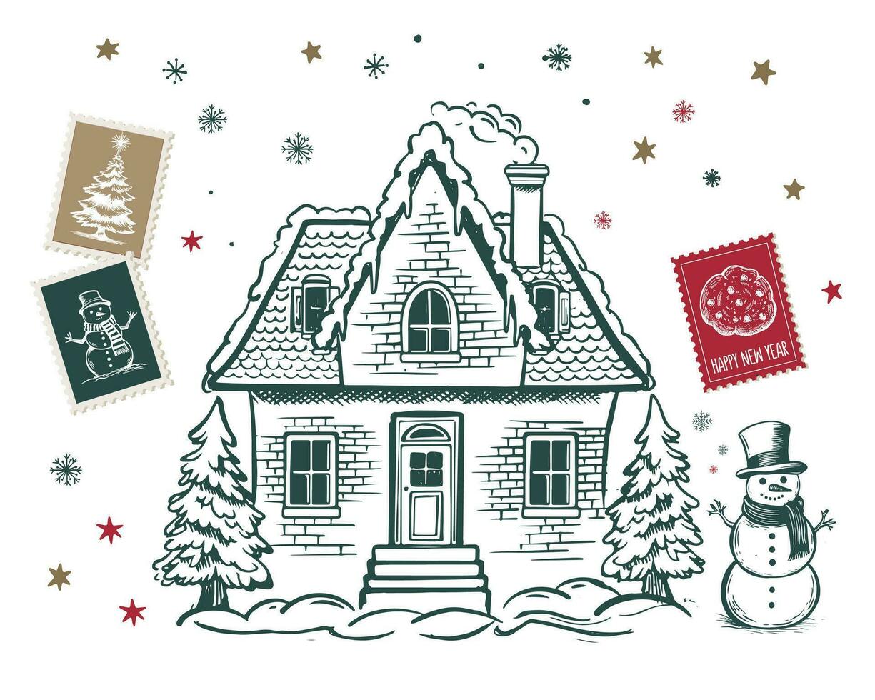 illustration av hus, jul hälsning kort. vektor