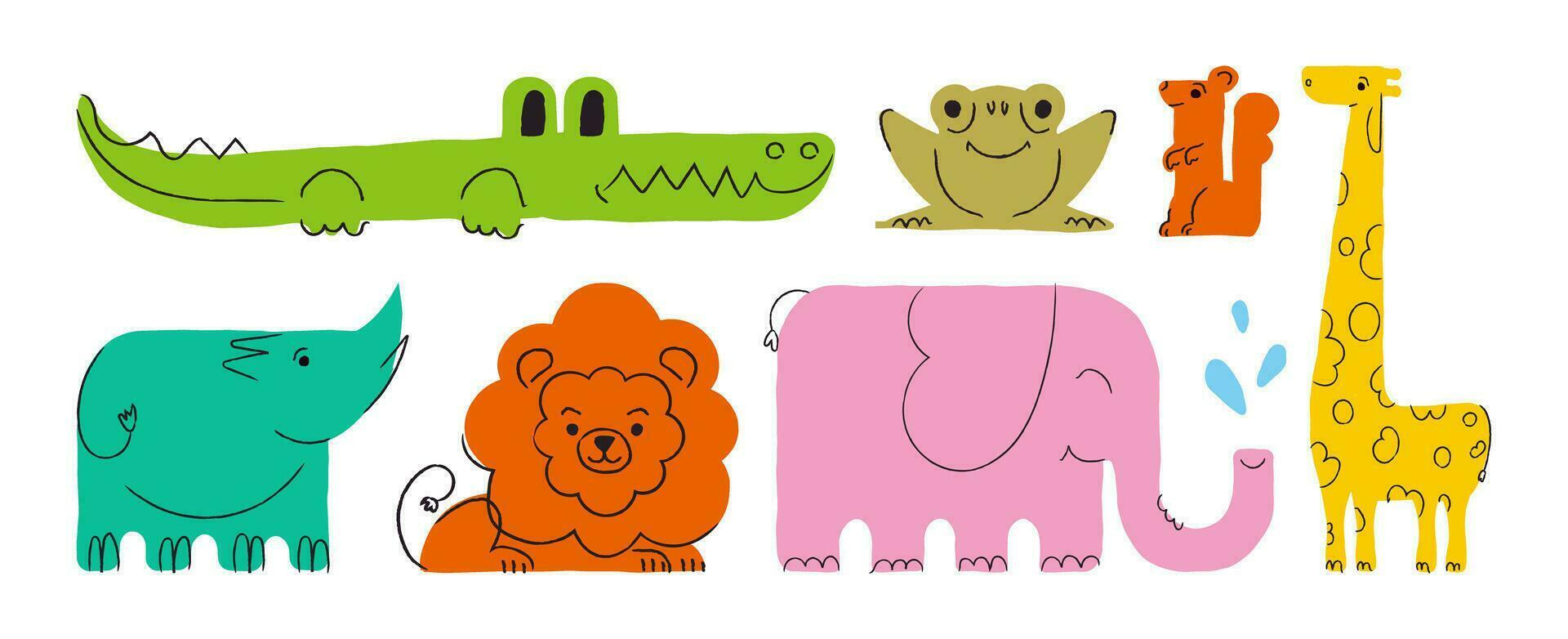 einstellen von Cartoons mit Tiere. Hand gezeichnet Elefant, Giraffe, Löwe, Krokodil, Nashorn, Eichhörnchen und Kröte auf ein Weiß Hintergrund. Kinder- Thema. vektor