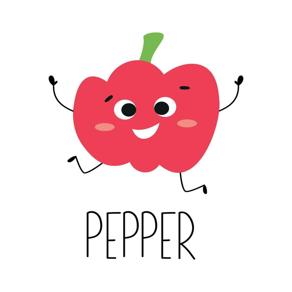 süß komisch rot Pfeffer Charakter. lernen Gemüse Karte mit Name. Vektor Illustration