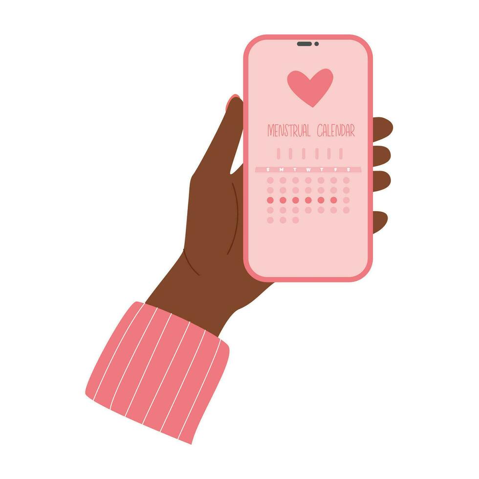 kvinna hand innehar telefon med en menstruations- kalender app. period ägglossning dagar spårare. kvinnors hälsa vård app. vektor