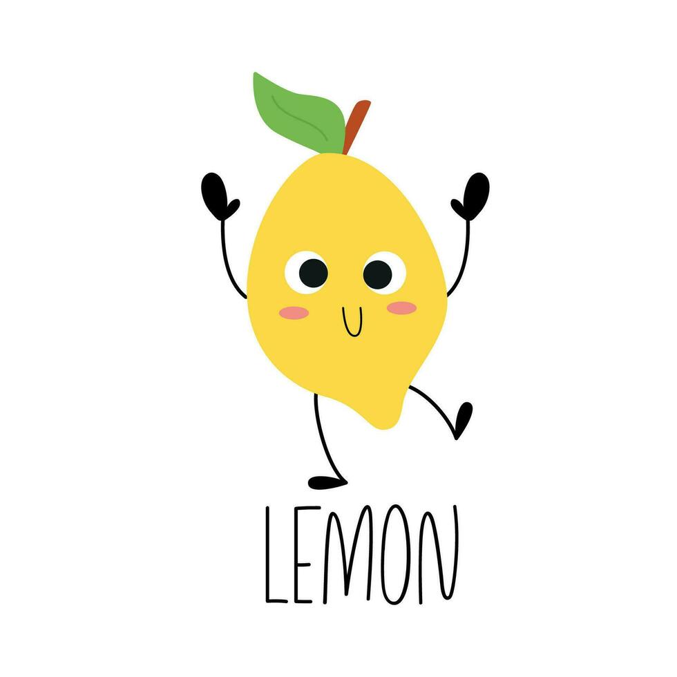 süß komisch Zitrone Charakter. Obst Hand gezeichnet Name Karte. Vektor Illustration. lernen gesund Vegetarier Essen