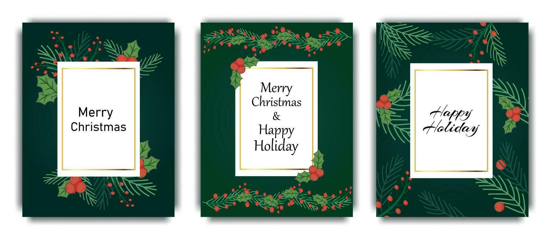 jul affischer. designer layouter för jul. posters med gran grenar och järnek bär med Grattis inskriptioner, på en mörk grön bakgrund. vektor illustration.