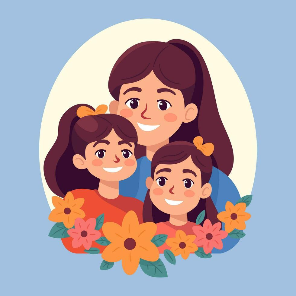 mor med barn, mamma med dotter, Lycklig familj stunder, platt stil tecknad serie illustration. mors dag begrepp. vektor