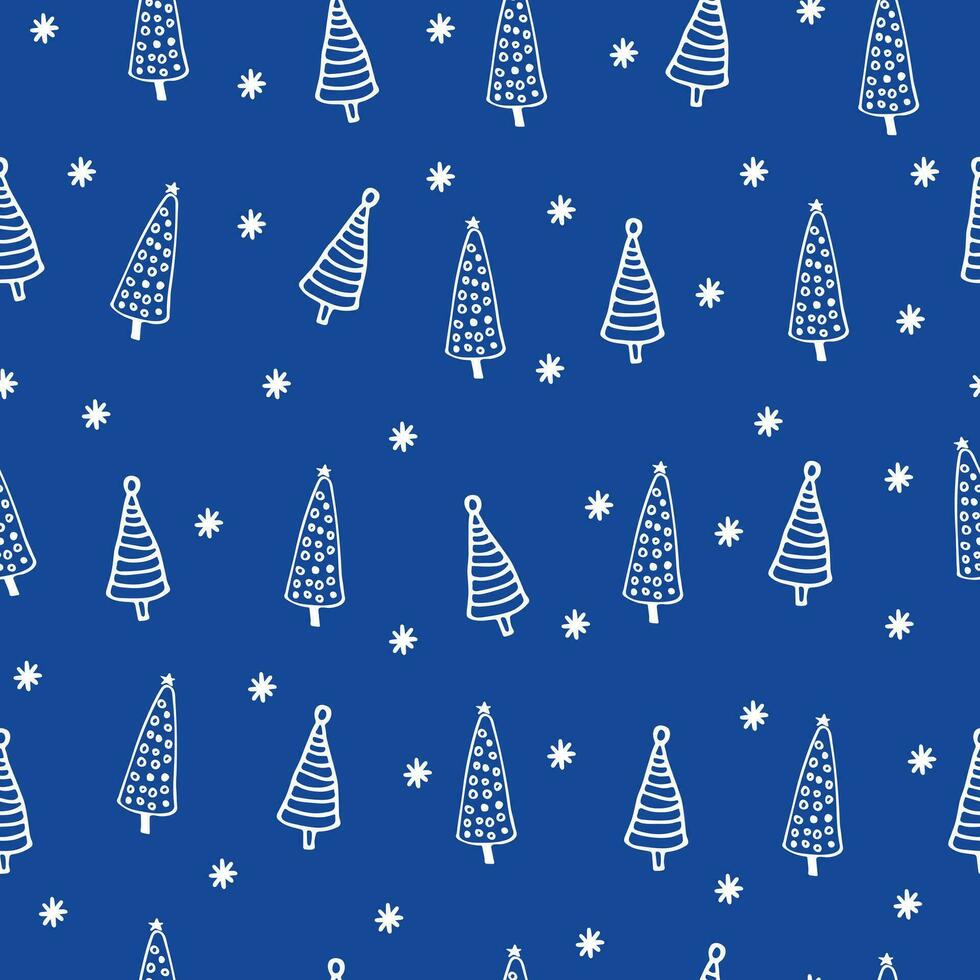 nahtlos Winter Muster mit handgemalt Weihnachten Bäume auf ein Blau Hintergrund. vektor