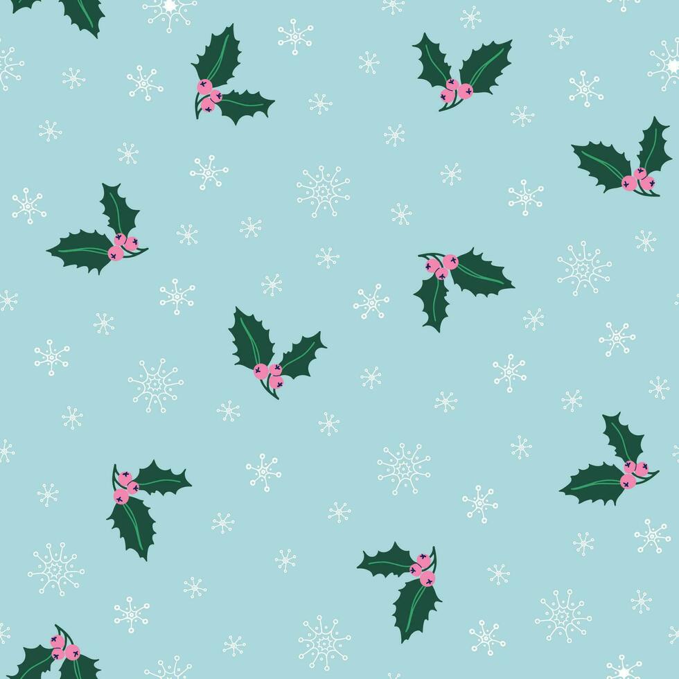 Weihnachten nahtlos Muster mit Stechpalme Beere und Schneeflocken auf Blau Hintergrund. retro Stil Hand gezeichnet Vektor Illustration zum Winter Feiertage.