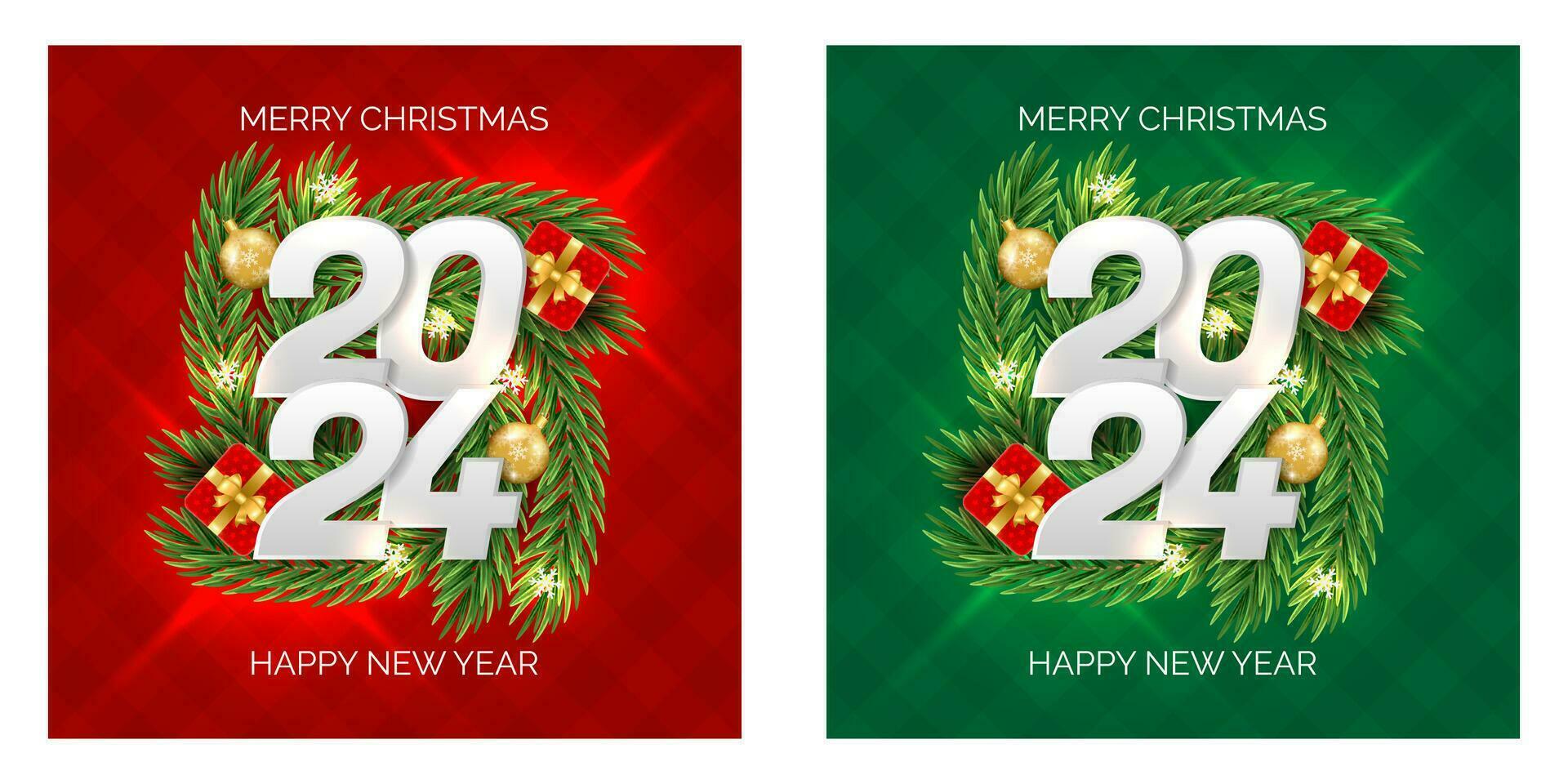 fröhlich Weihnachten und glücklich Neu Jahr 2024 Gruß mit Weihnachten Zweig, Bälle, Schneeflocken. zum Verkauf, Banner, Poster, Startseite Design Vorlagen, Sozial Medien Hintergrund Geschichten vektor