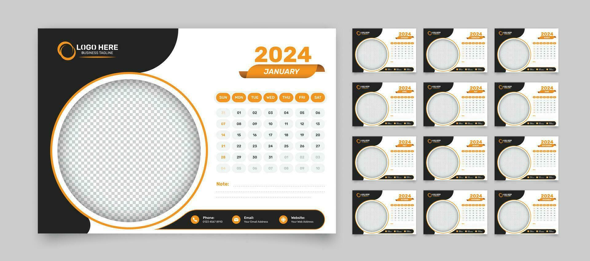 minimalistisk 12 sidor skrivbord schema kalender mall för 2024 med bild Platshållare och exakt datum formatera vektor