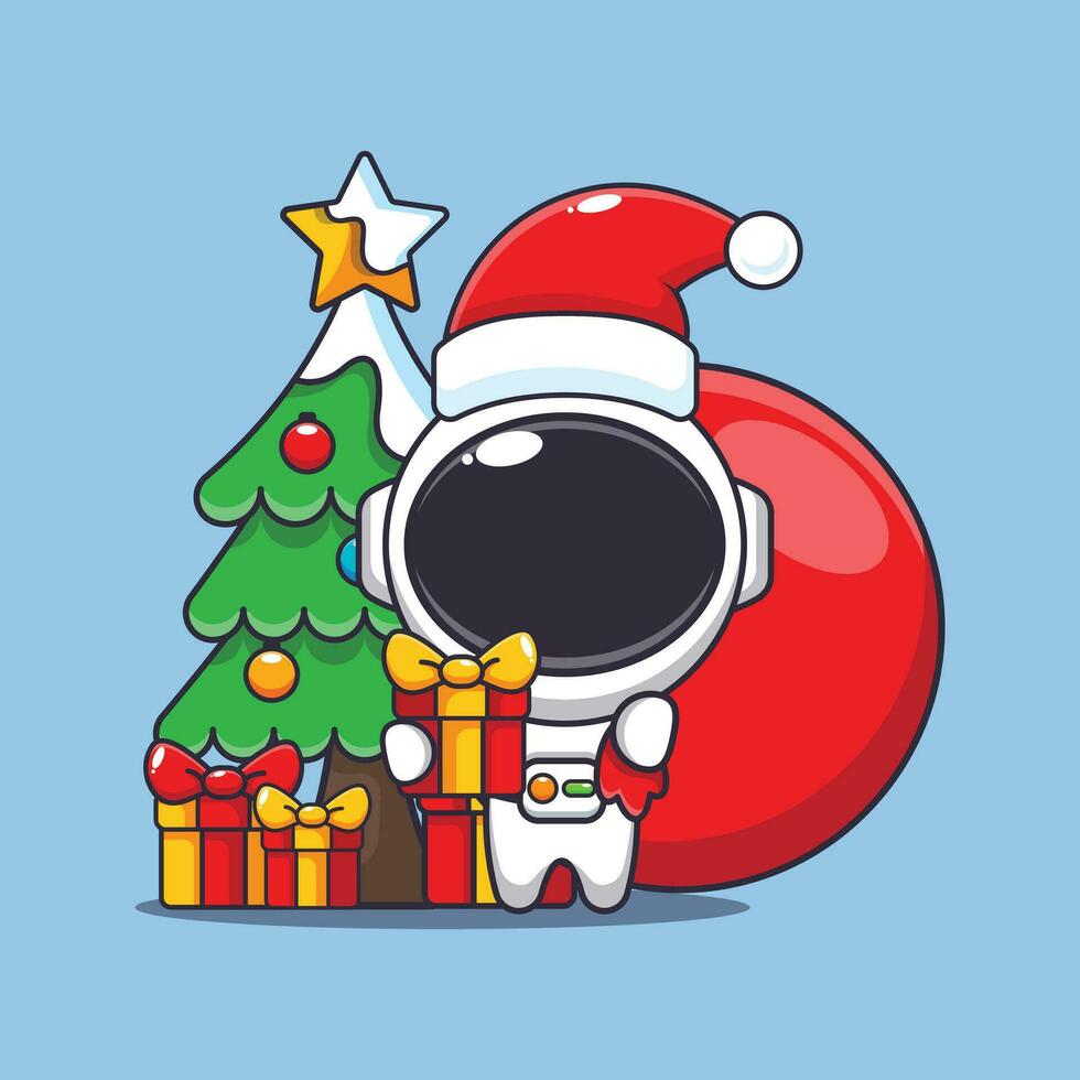 süß Astronaut Tragen Weihnachten Geschenk. süß Weihnachten Karikatur Charakter Illustration. vektor