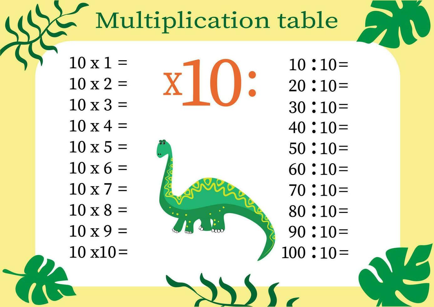 Multiplikation Tabelle durch 10 mit ein Aufgabe zu konsolidieren Ihre Wissen von Multiplikation. bunt Karikatur Multiplikation Tabelle Vektor zum Lehren Mathematik. Karikatur Dinosaurier. eps10