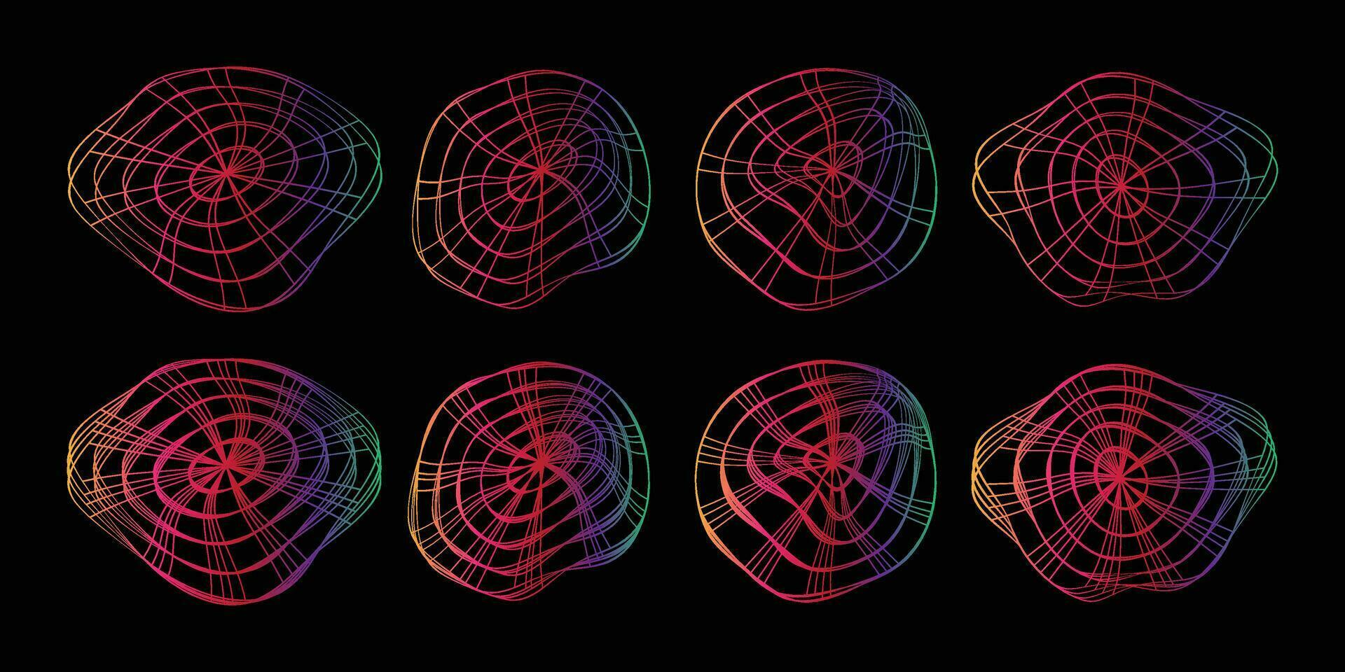 samling av färgrik 3d sfär maska. unik former strukturera modell begrepp med prickar och linje rutnät vektor