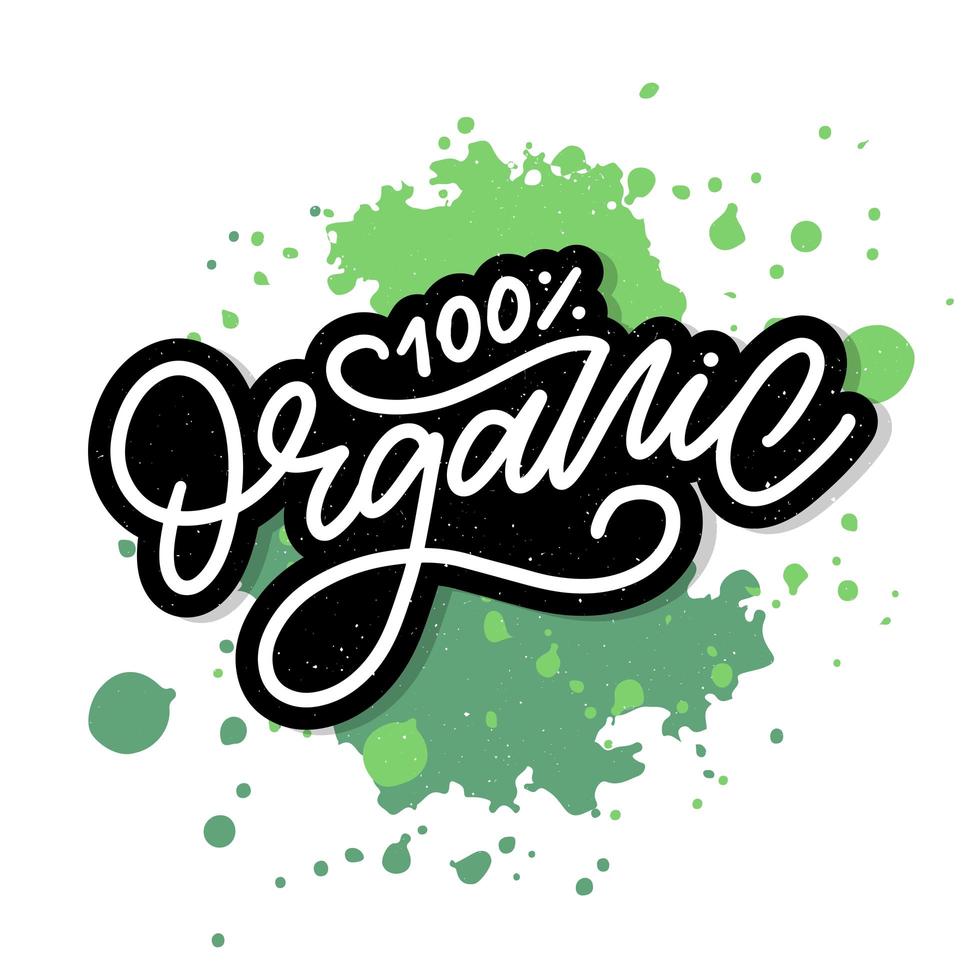 ekologisk penselbokstäver. handritat ord organiskt med gröna blad. etikett, logotyp mall för ekologiska produkter, marknader för hälsosam mat. vektor