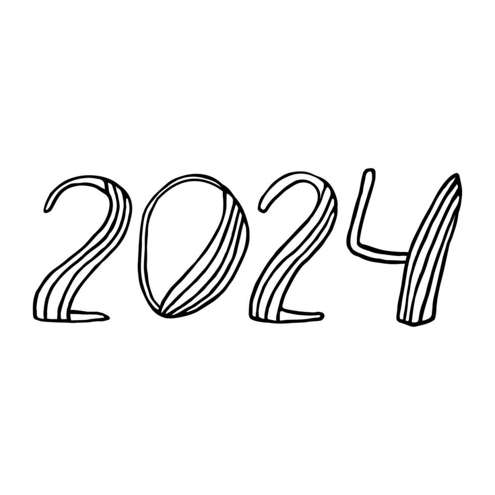 siffra 2024. hand dragen klotter text vektor illustration. design för säsong- högtider flygblad, hälsning kort för glad jul och Lycklig ny år skriva ut.