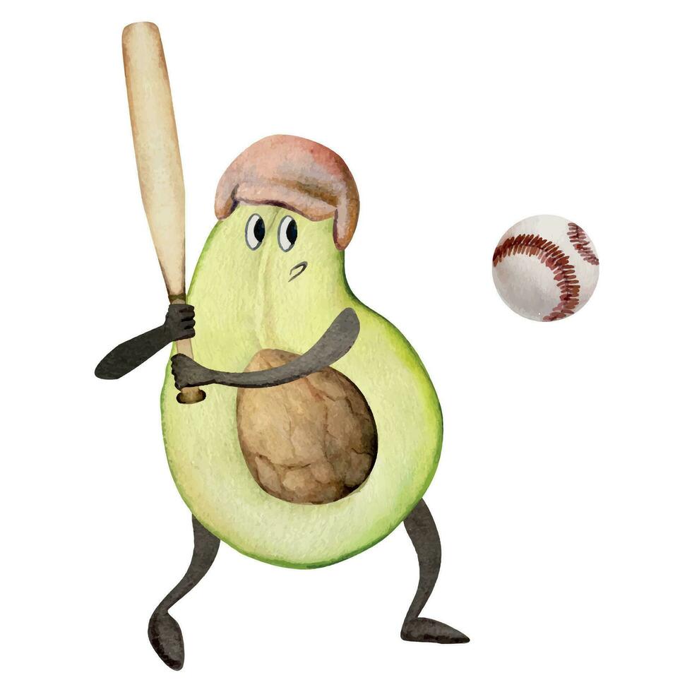 Hand gezeichnet Aquarell süß Avocado Charakter spielen Baseball Spiel mit Schläger und Ball. Fitness Gesundheit. Illustration isoliert Komposition, Weiß Hintergrund. Design zum Poster, drucken, Webseite, Karte, Fitnessstudio vektor