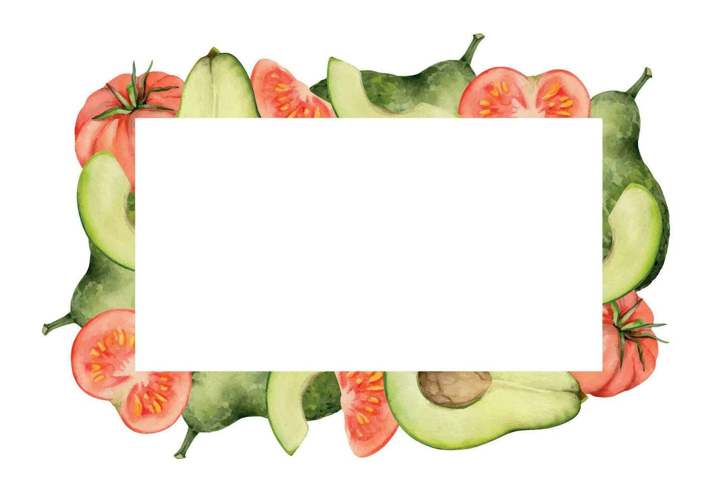 hand dragen vattenfärg grön avokado, tomat vegetabiliska diet friska livsstil, vegan matlagning. illustration rektangulär gräns ram isolerat vit bakgrund. design affisch, skriva ut, hemsida, kort, meny vektor