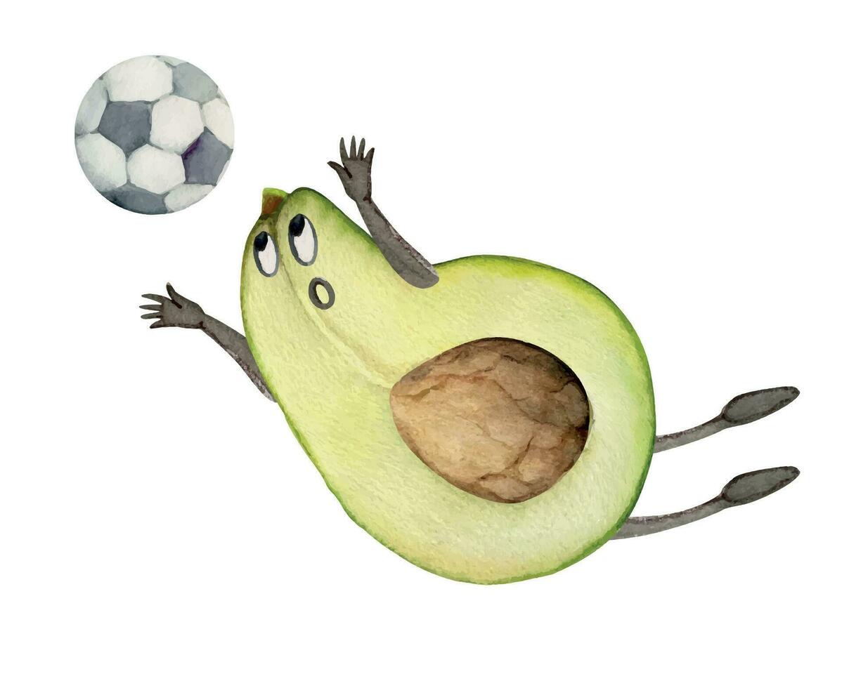 Hand gezeichnet Aquarell Avocado Charakter spielen Fußball Fußball, Torwart fangen Ball. Fitness Gesundheit. Illustration isoliert Komposition, Weiß Hintergrund. Design Poster, drucken, Webseite, Karte, Fitnessstudio vektor