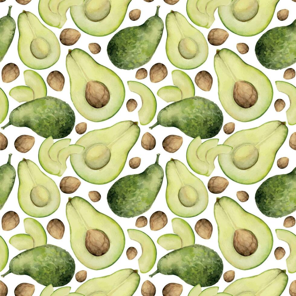 hand dragen vattenfärg grön avokado skivor och hela för diet, friska livsstil, vegan matlagning. illustration sömlös mönster isolerat på vit bakgrund. design affisch, skriva ut, hemsida, kort, meny vektor