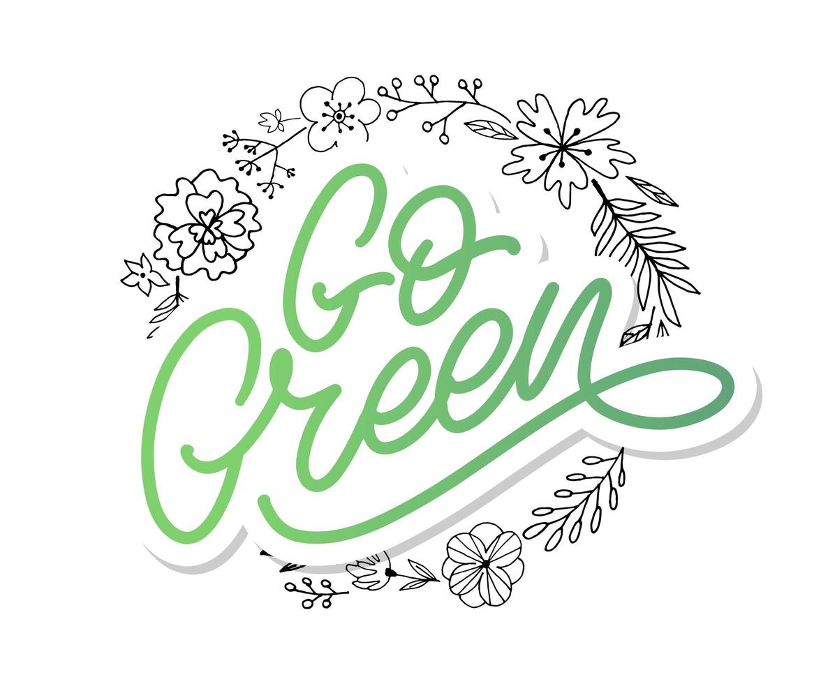 Go Green Label, trendige Pinselschrift, inspirierende Phrase. vegetarisches Konzept. Vektorkalligraphie für veganes Geschäft, Café, Restaurantmenü, Abzeichen, Aufkleber, Banner, Logos. moderne Typografie vektor