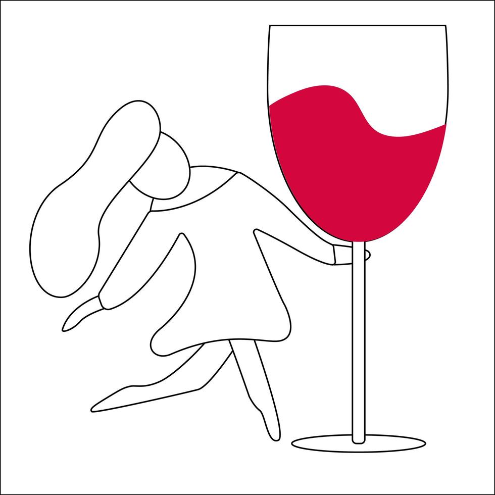 flicka dansar som håller på ett glas vin. galen fest, firande av semestern. vektor illustration.