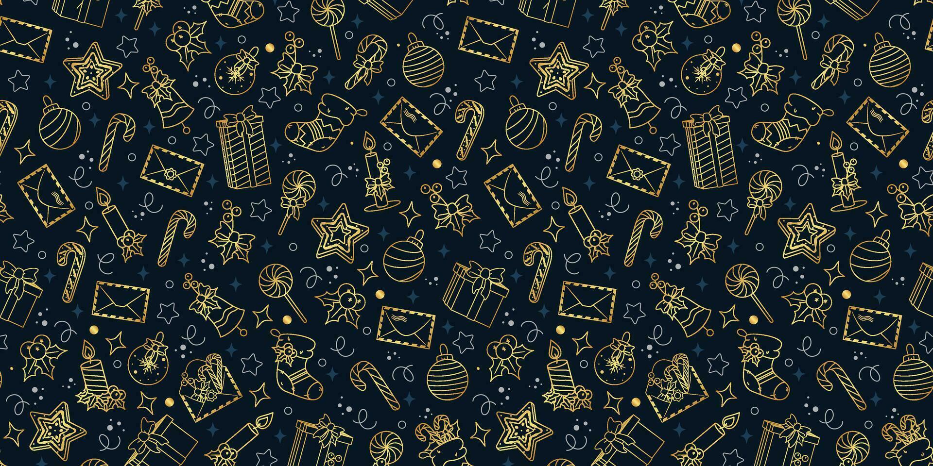 Vektor Muster mit golden Gliederung Symbole von Weihnachten und Neu Jahr. Illustration auf dunkel Blau Hintergrund. festlich Tapeten oder Hintergrund zum das Banner