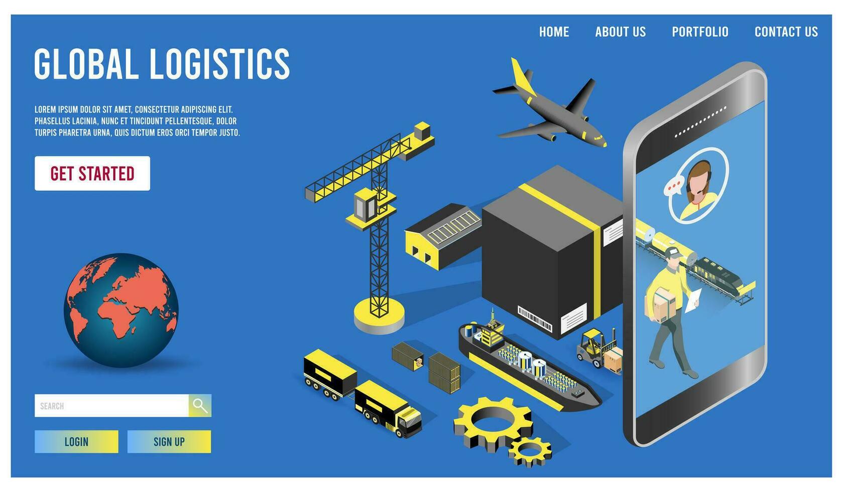 modern global logistisch Bedienung Konzept mit Export, importieren, Warenhaus Geschäft und Transport. Vektor Illustration eps10