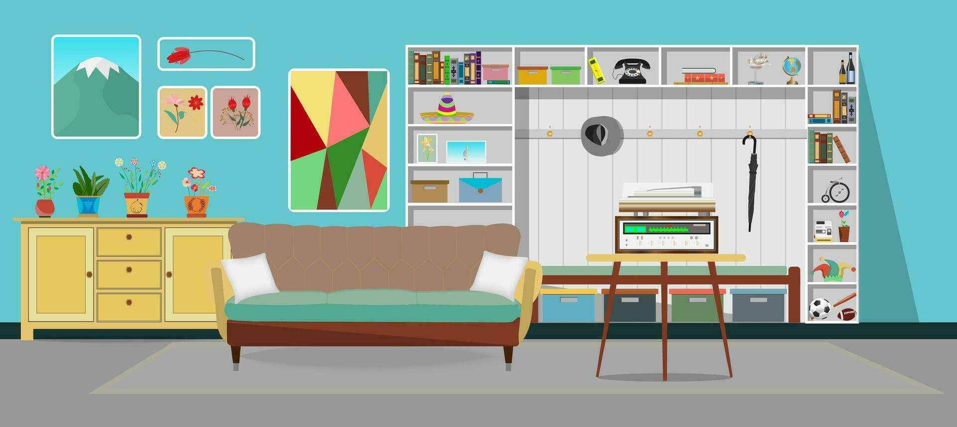 retro bunt Leben Zimmer Innere Design. eben Stil Vektor Illustration