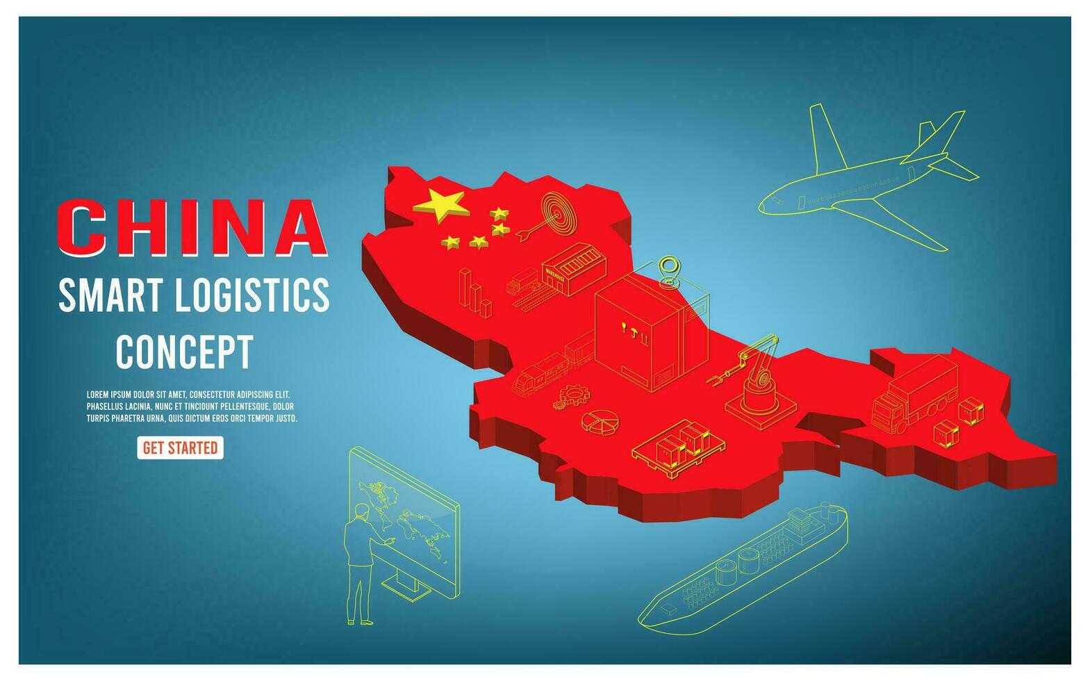 modern global China logistisch Bedienung Konzept mit Export, importieren, Warenhaus Geschäft und Transport. Vektor Illustration eps10