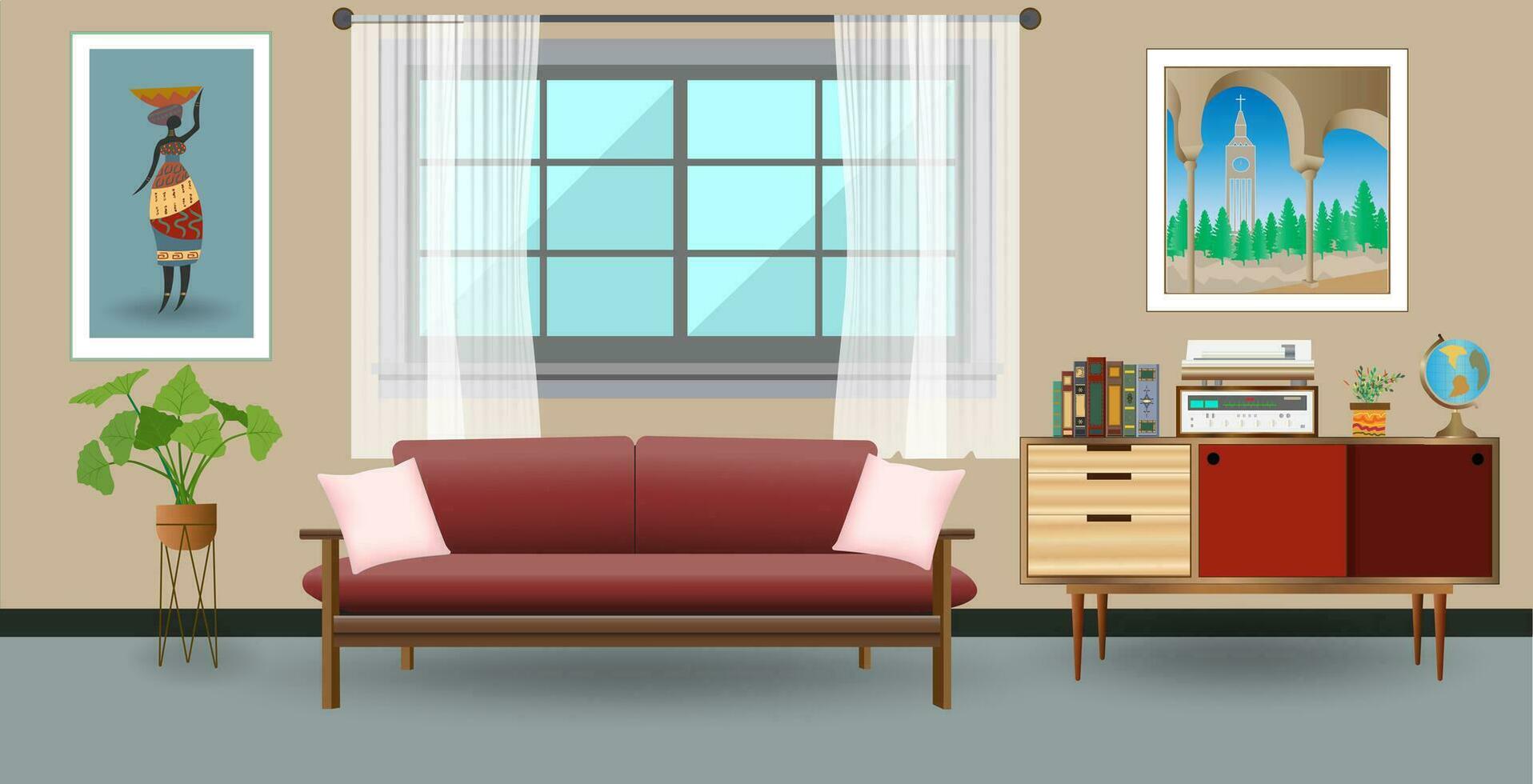 retro färgrik levande rum interiör design. platt stil vektor illustration