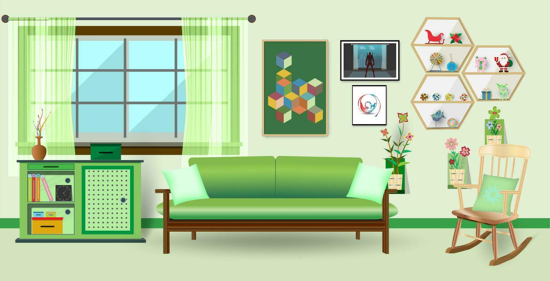 retro färgrik levande rum interiör design. platt stil vektor illustration