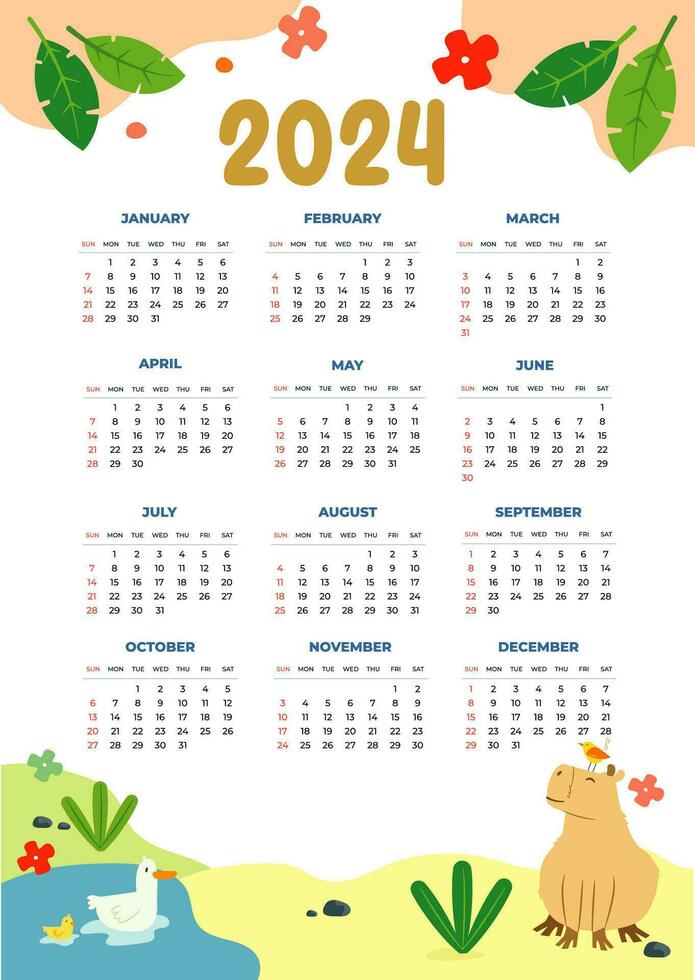 ny år kalender 2024 med intressant bilder vektor