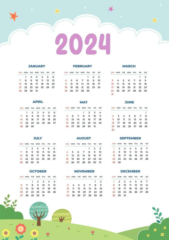 ny år kalender 2024 med intressant bilder vektor