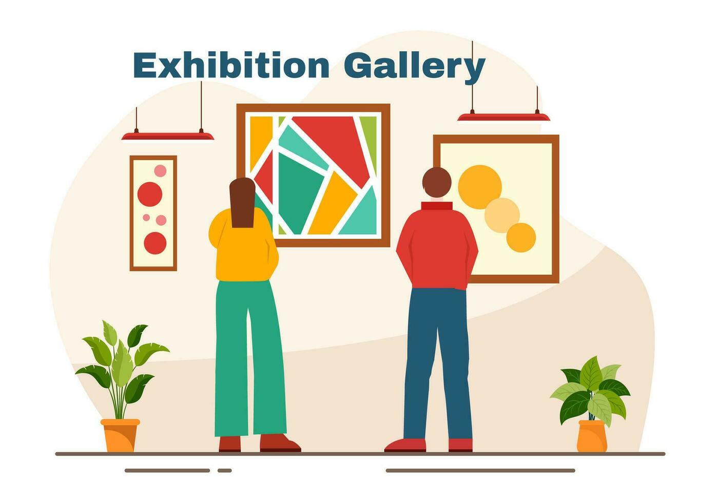 Ausstellung Besucher Anzeigen ein Galerie mit modern abstrakt Gemälde beim zeitgenössisch im Exposition Halle im eben Karikatur Hintergrund Vektor Illustration