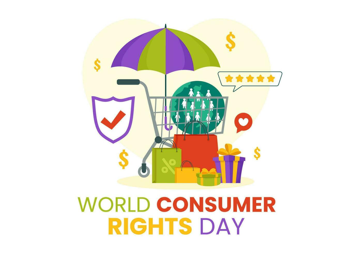 värld konsument rättigheter dag vektor illustration på 15 Mars med handla påsar till vara respekteras och skyddade i platt tecknad serie bakgrund