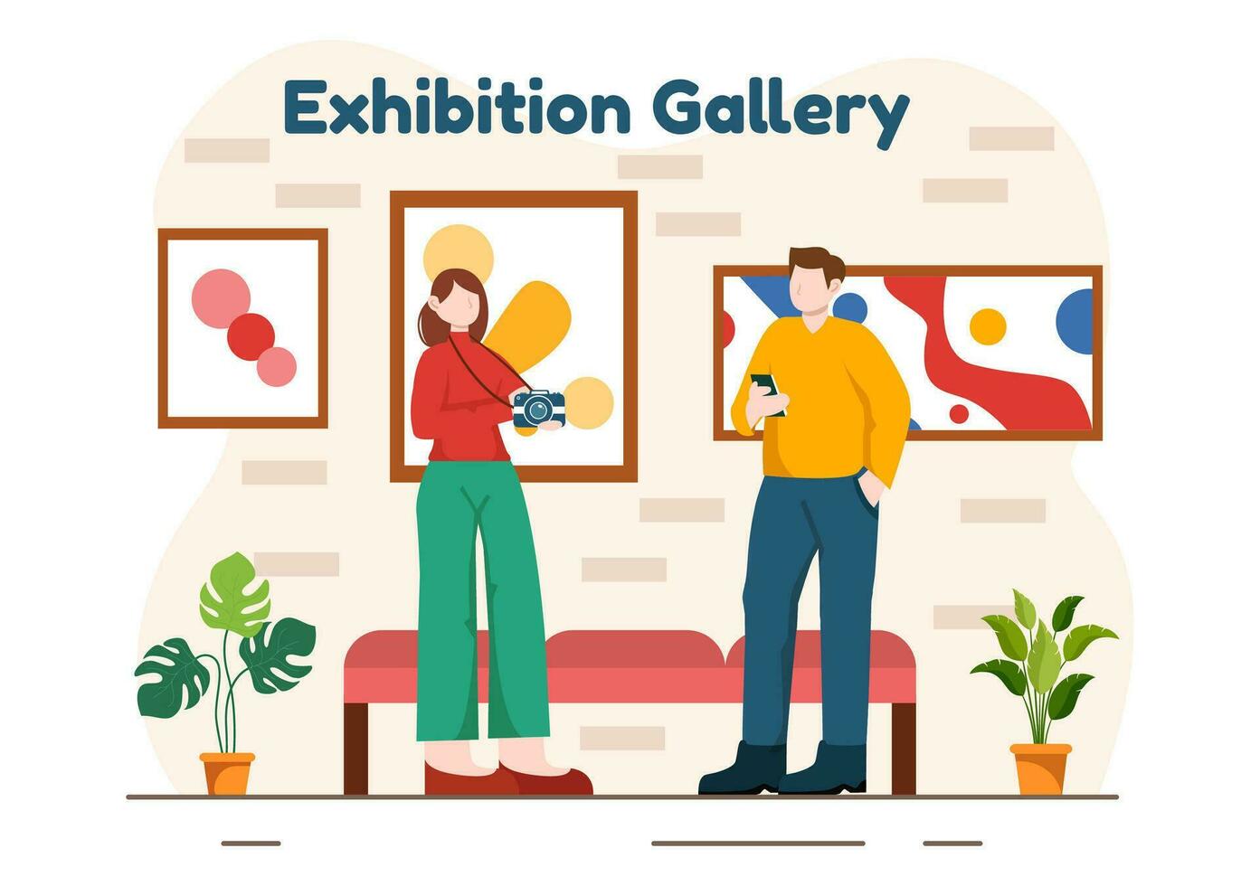 Ausstellung Besucher Anzeigen ein Galerie mit modern abstrakt Gemälde beim zeitgenössisch im Exposition Halle im eben Karikatur Hintergrund Vektor Illustration