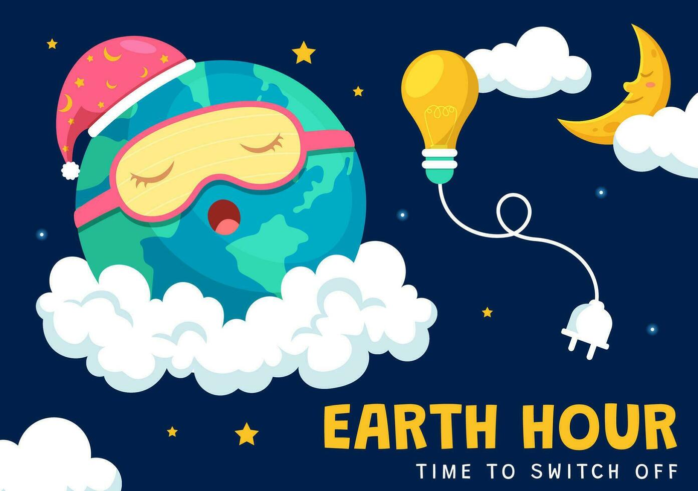 Lycklig jord timme dag vektor illustration med moln, ljus Glödlampa, värld Karta och tid till sväng av i platt tecknad serie bakgrund design