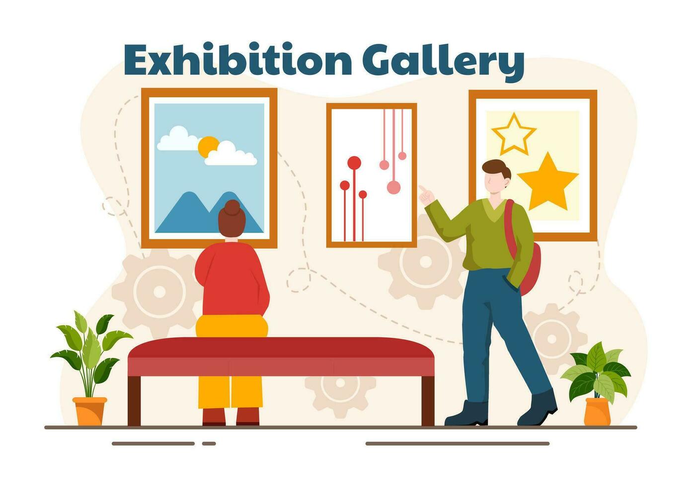 Ausstellung Besucher Anzeigen ein Galerie mit modern abstrakt Gemälde beim zeitgenössisch im Exposition Halle im eben Karikatur Hintergrund Vektor Illustration