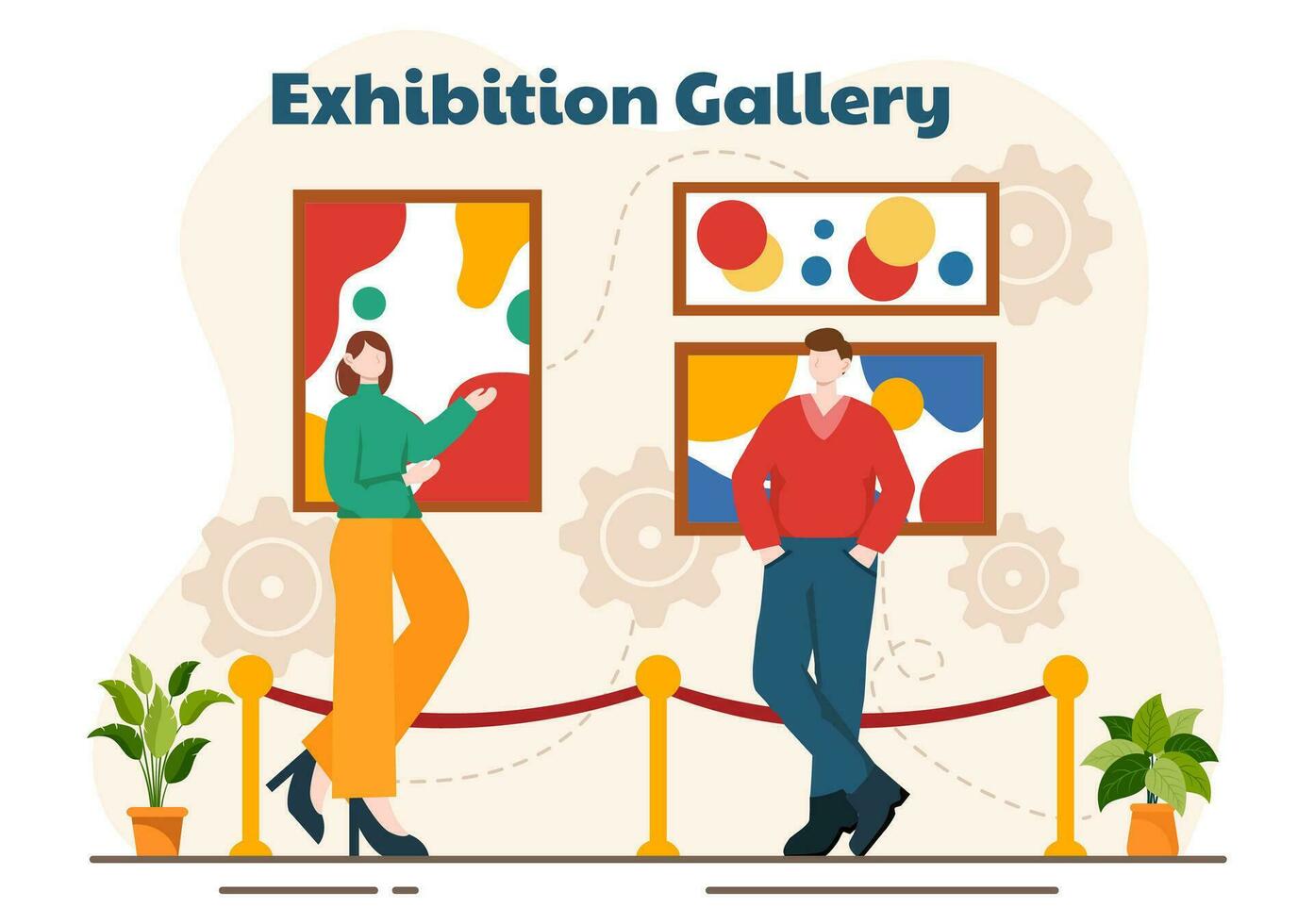 Ausstellung Besucher Anzeigen ein Galerie mit modern abstrakt Gemälde beim zeitgenössisch im Exposition Halle im eben Karikatur Hintergrund Vektor Illustration