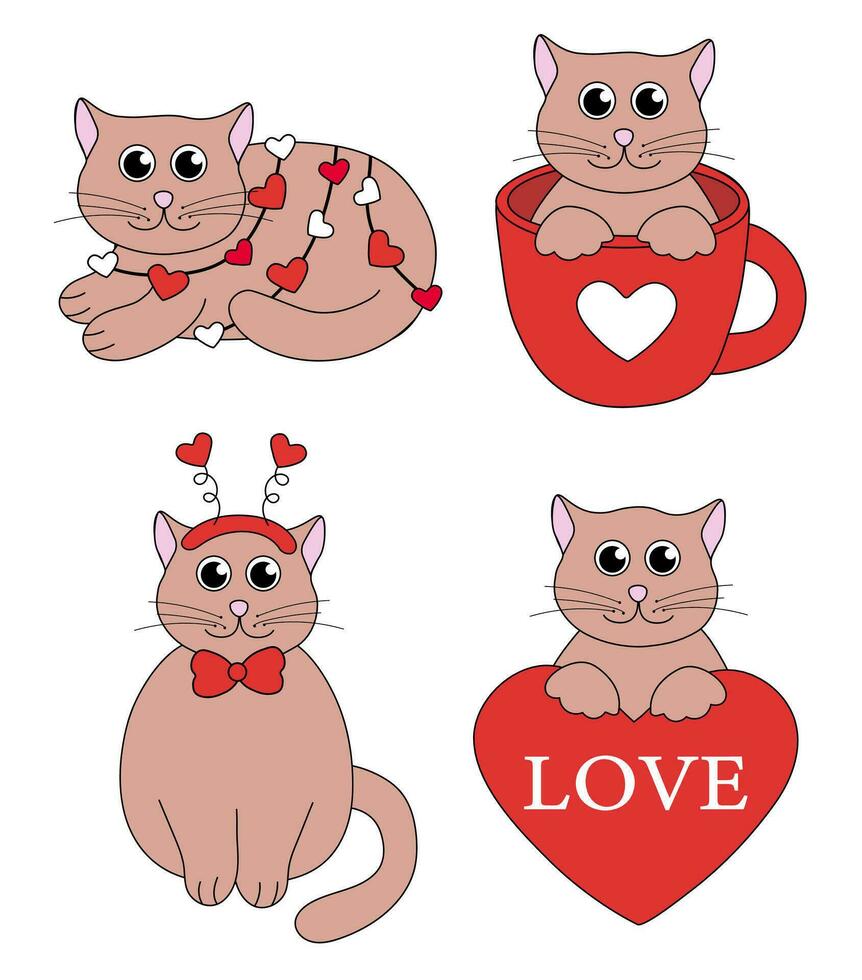 uppsättning av tecknad serie valentine dag katt tecken. söt kattungar i kopp, krans, pannband, på hjärta med kärlek. vektor platt illustration.