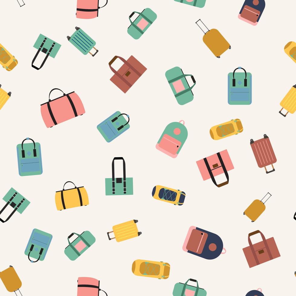 nahtloser Musterhintergrund mit Reisetaschen, Rucksäcken, Koffern isoliert auf weißem Hintergrund vektor