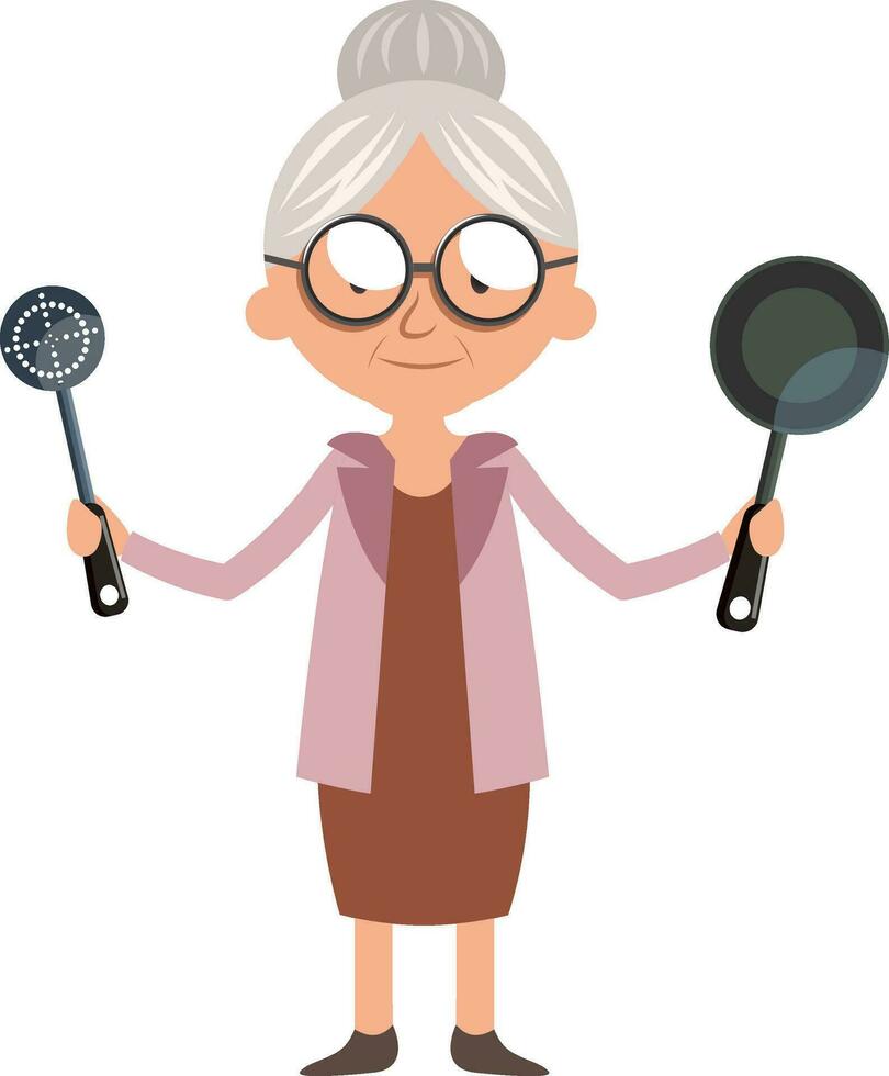 Oma mit Kochpfanne, Illustration, Vektor auf weißem Hintergrund.