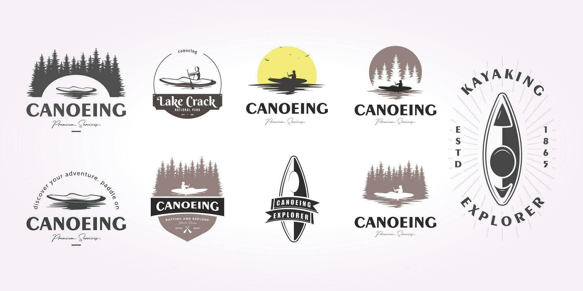 Kajakpaddling logotyp design bunt, kanot ikon uppsättning vektor illustration. kajak sport team logotyp årgång