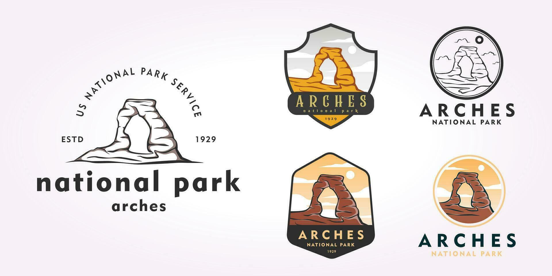 bündeln Bögen National Park Logo Design Satz, National Bogen Symbol Vektor Jahrgang Emblem, Illustration von National Parks im das vereinigt Zustände