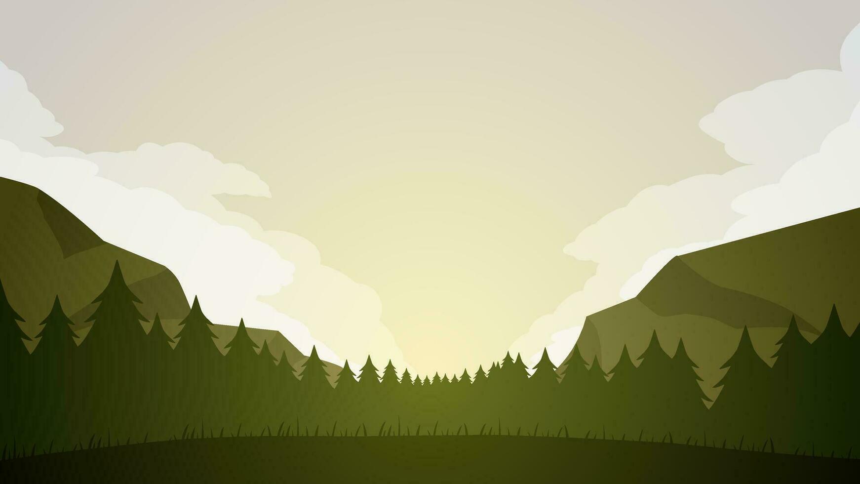 tall skog landskap vektor illustration. landskap av barr- skog i de morgon- med molnig himmel. tall skog panorama för bakgrund, tapet eller illustration