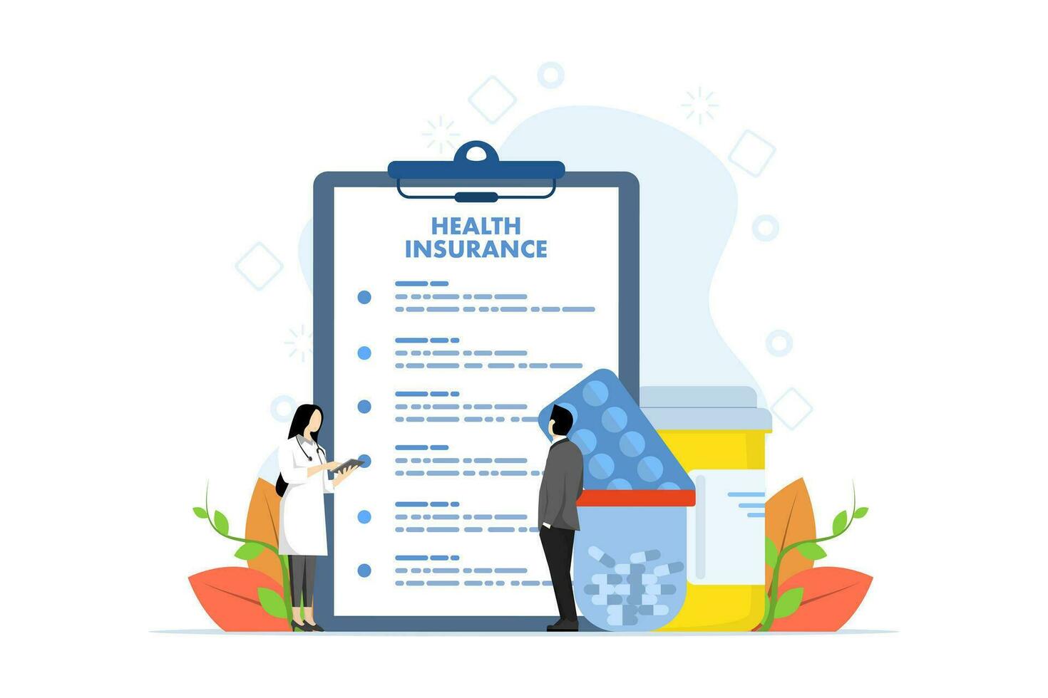 hälsa försäkring avtal begrepp. man studerar försäkring listor bland medicinsk läkemedel och sjukhus piller. form av innehav en kvinna karaktär. kan vara Begagnade för hälsa skydd, säkerhet, hälsa vård. vektor