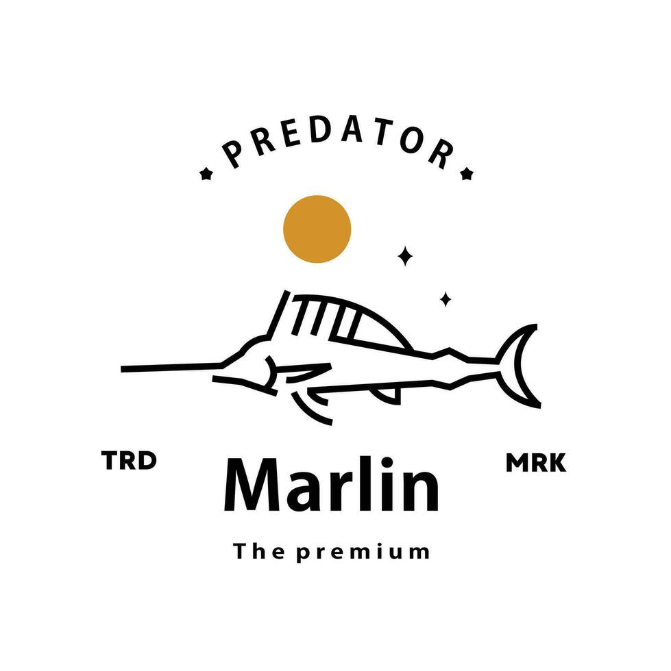 Jahrgang retro Hipster Marlin Logo Vektor Gliederung Monoline Kunst Symbol