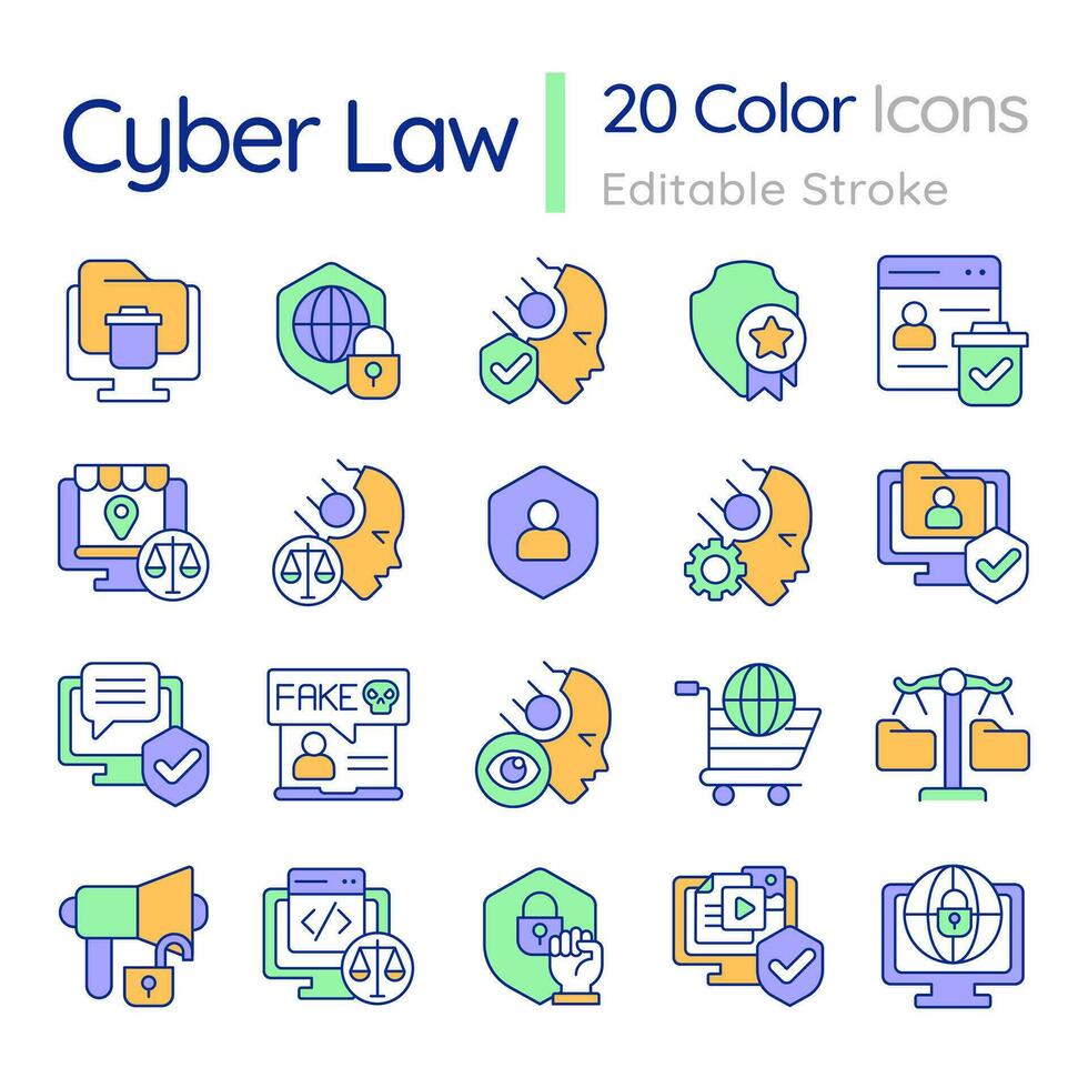 2d editierbar bunt groß dünn Linie Symbole einstellen Darstellen Cyber Gesetz, isoliert Vektor, linear Illustration. vektor