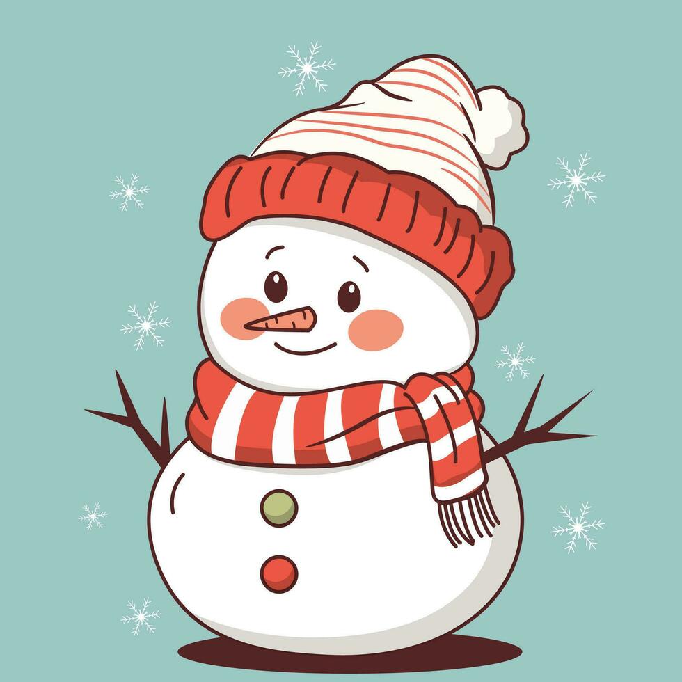 söt snögubbe i hatt och scarf i tecknad serie stil. vektor