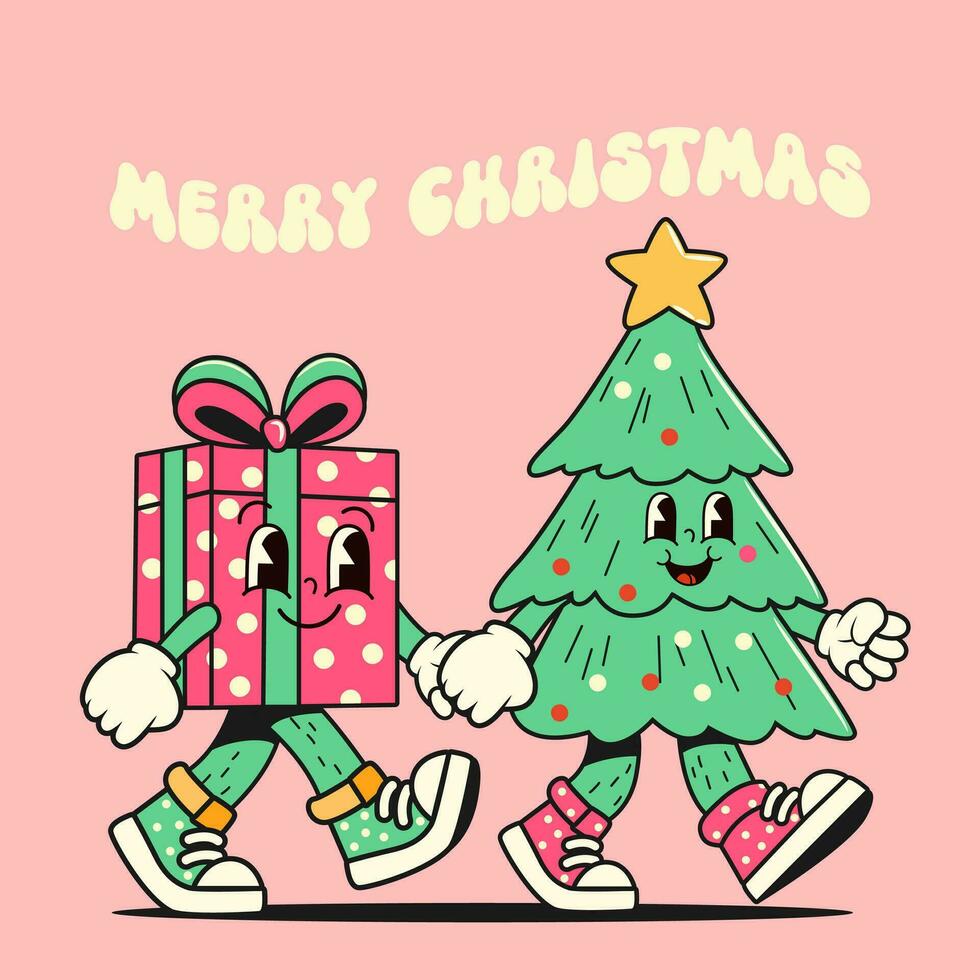 groovig Hippie Weihnachten. Weihnachten Baum und Geschenk Box im modisch retro Karikatur Stil. Vektor Illustration.